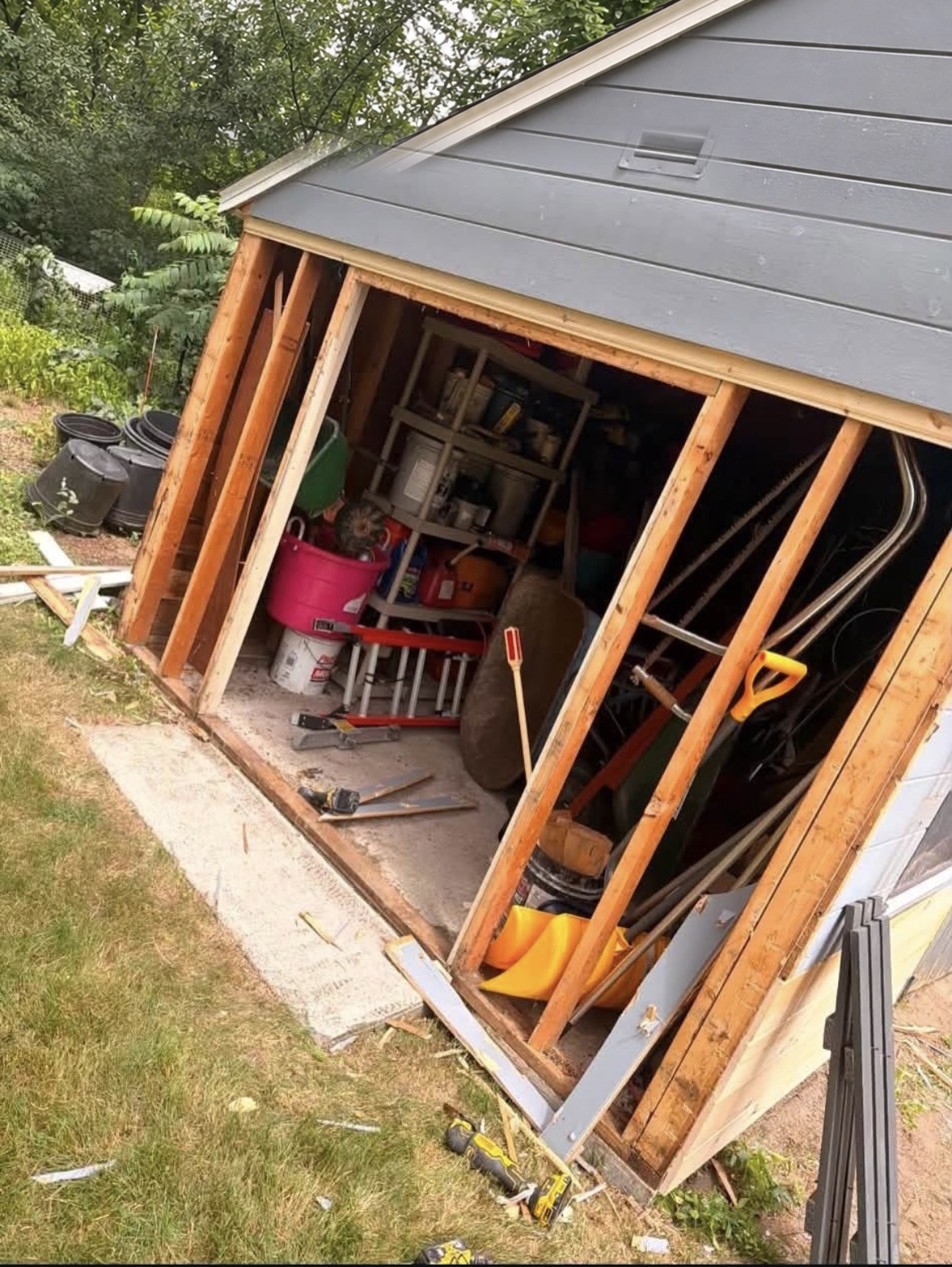 Backyard shed with rotted siding and door removed, exposing the raw wall framing during the rebuild